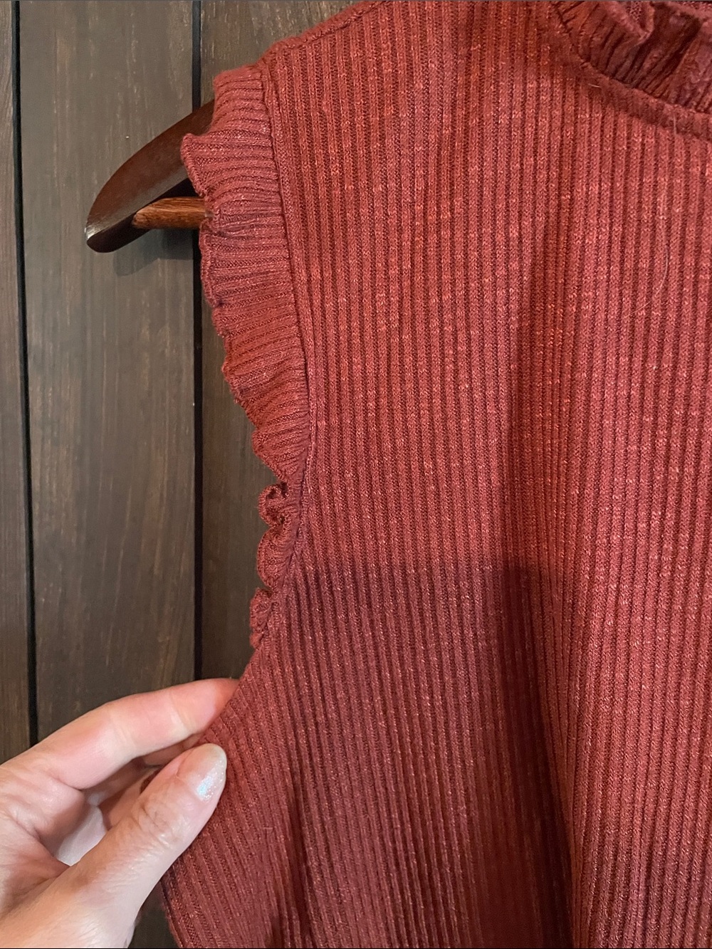 Maurices Rust Ribbed Ruffle Mock Neck Tank - Picture 3 of 4